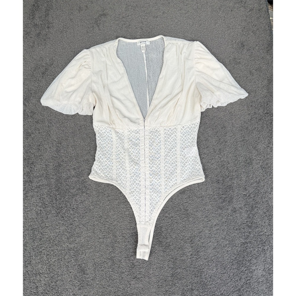 Privy Privately Privileged Cream Lace V-Neck Flutter Sleeve Bodysuit Large